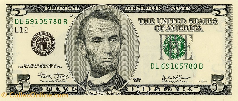 5$ Federal Reserve Notes - Small Size 2003 Series billets amerique du nord etats unis 5 federal reserve notes small size 2003 series