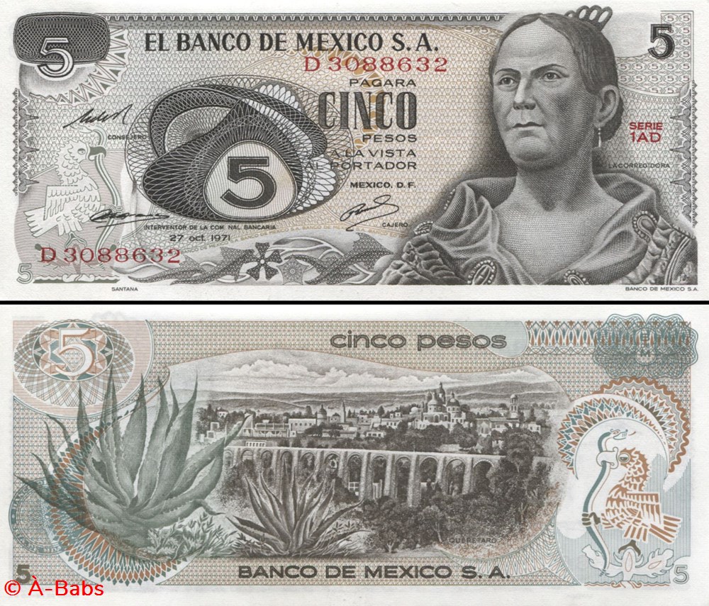 MEXIQUE - PICK 062- Série 1AD - 5 PESOS - 1971 billets amerique du nord mexique pick 062 serie 1ad 5 pesos 1971