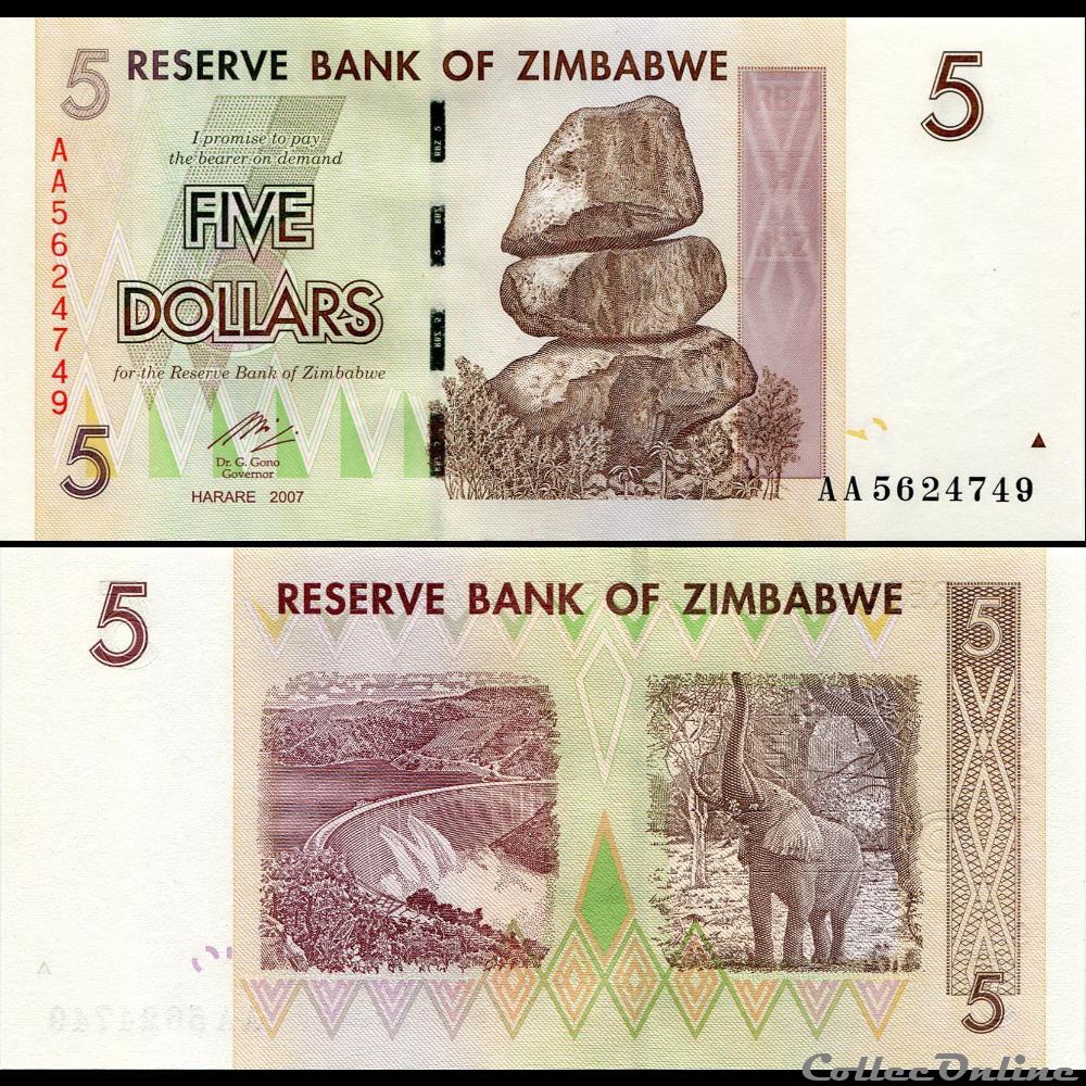 ZIMBABWE - PICK 066a - 5 Dollars - 2007 billet afrique zimbabwe pick 066a 5 dollars 2007