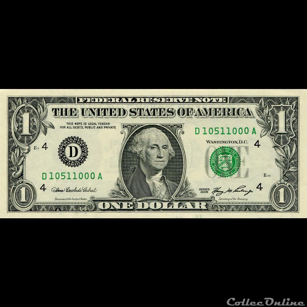 D- 1$ Federal Reserve Notes - Small Size 2006 Series billet amerique du nord etat uni d 1 federal reserve notes small size 2006 series
