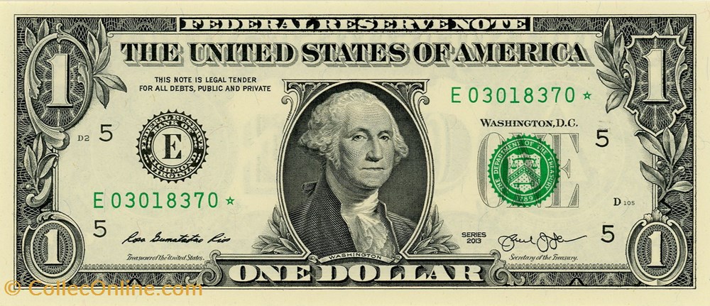 E- 1$ Federal Reserve Notes - Small Size 2013 Series billets amerique du nord etats unis e 1 federal reserve notes small size 2013 series