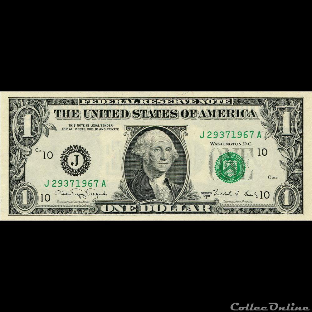 J- 1$ Federal Reserve Notes - Small Size 1988A Series billet amerique du nord etat uni j 1 federal reserve notes small size 1988a series