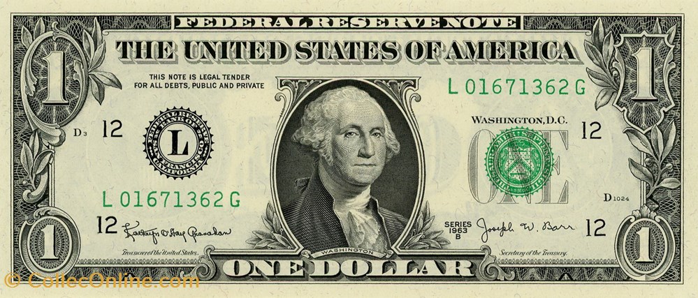 L- 1$ Federal Reserve Notes - Small Size 1963B Series billets amerique du nord etats unis l 1 federal reserve notes small size 1963b series