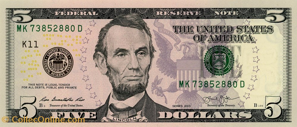 5$ Federal Reserve Notes - Small Size 2013Series billets amerique du nord etats unis 5 federal reserve notes small size 2013series