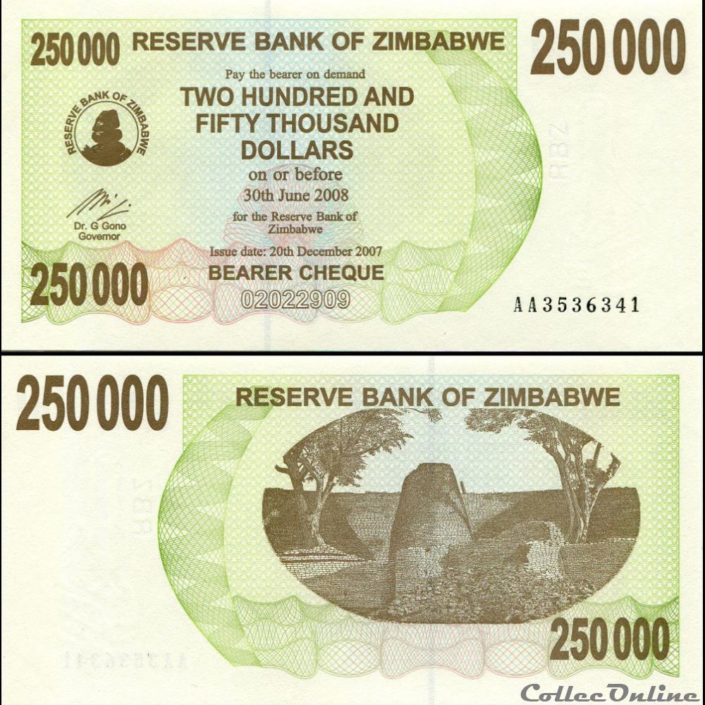 ZIMBABWE - PICK 050a - 250 000 Dollars - 2007 billet afrique zimbabwe pick 050a 250 000 dollars 2007
