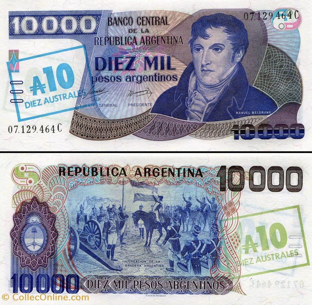 ARGENTINE - PICK 322 b - 10 AUSTRALES sur 10 000 PESOS - 1985 billets amerique du sud argentine pick 322 b 10 australes sur 10 000 pesos 1985