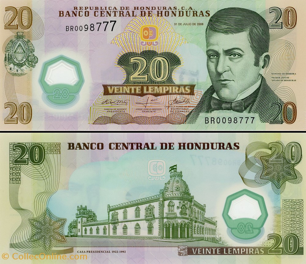 billet amerique centrale et caraibe honduras pick 95a2 20 lempiras 2008