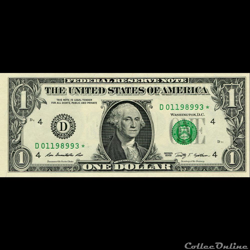 D- 1$ Federal Reserve Notes - Small Size 2009 Series billet amerique du nord etat uni d 1 federal reserve notes small size 2009 series