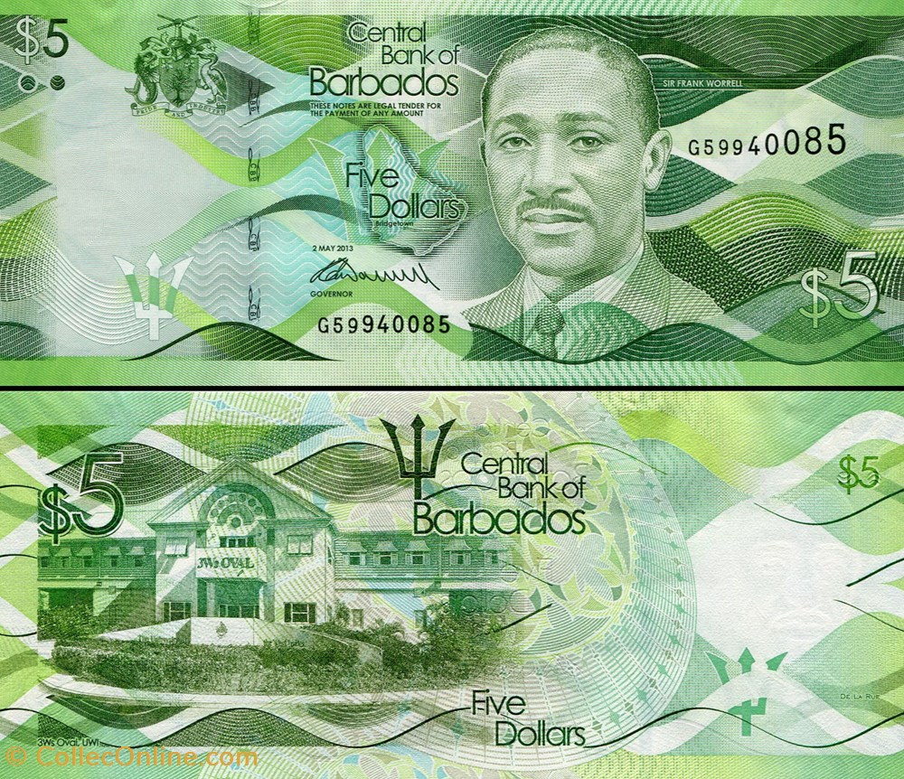 BARBADE - PICK 74 - 5 Dollars - 2013 billets amerique centrale et caraibes barbade pick 74 5 dollars 2013