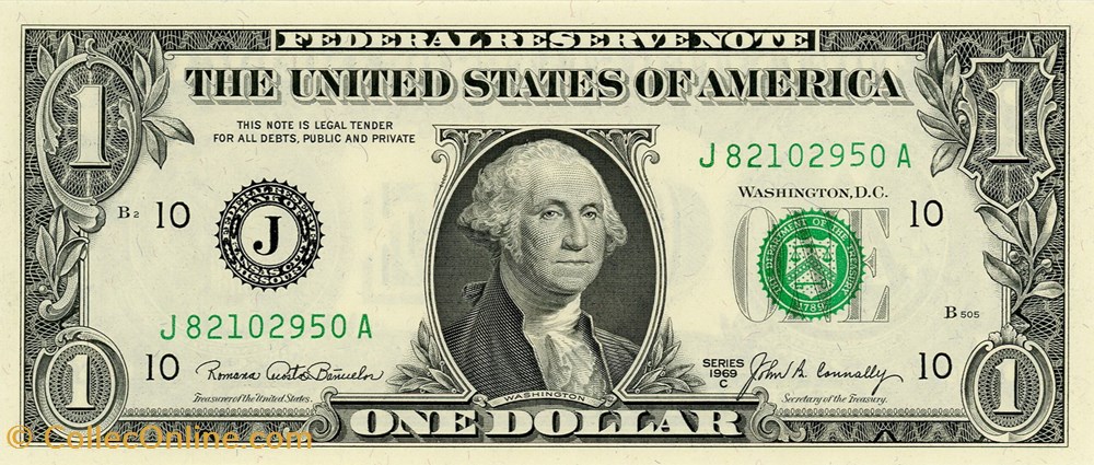 J- 1$ Federal Reserve Notes - Small Size 1969C Series billets amerique du nord etats unis j 1 federal reserve notes small size 1969c series