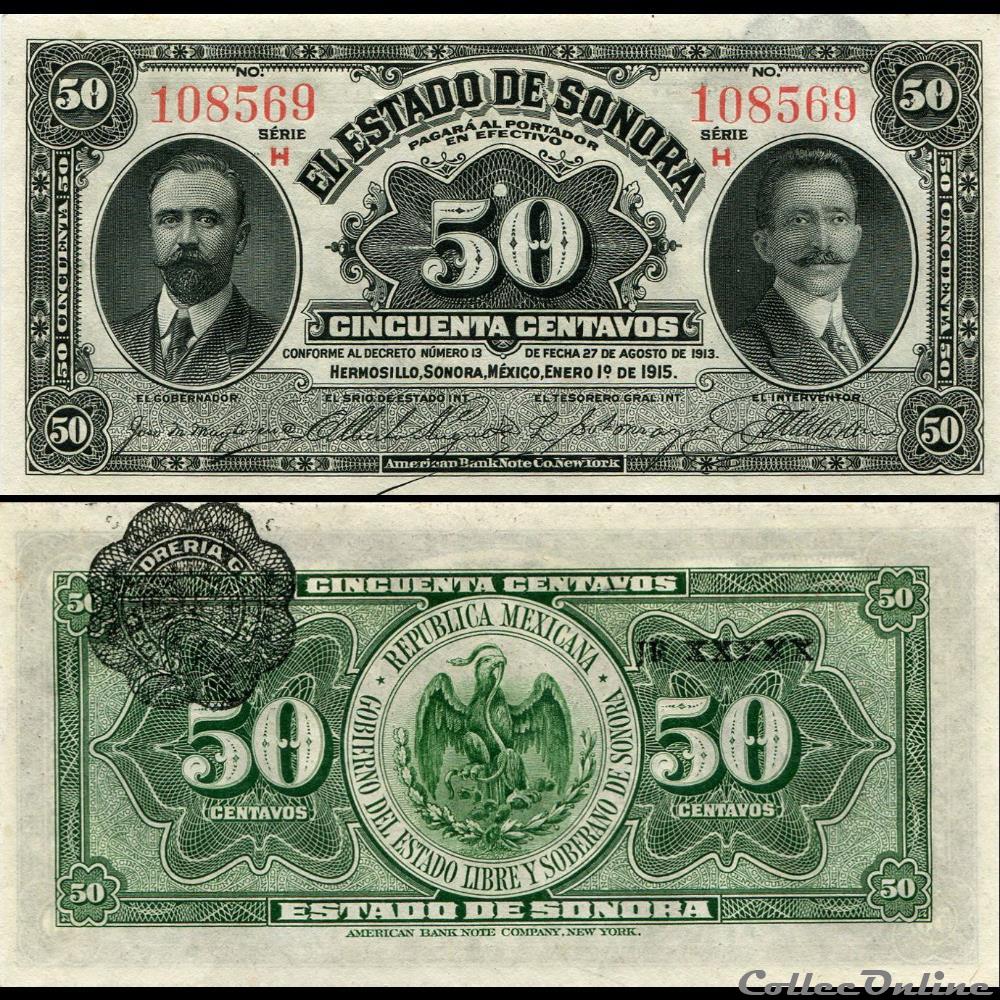 billet amerique du nord mexique pick s1070 50 centavos etat de sonora 1915