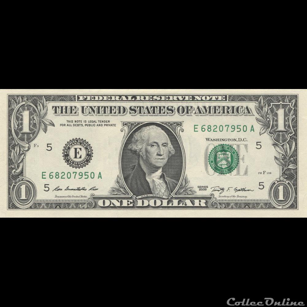 E- 1$ Federal Reserve Notes - Small Size 2009 Series billet amerique du nord etat uni e 1 federal reserve notes small size 2009 series