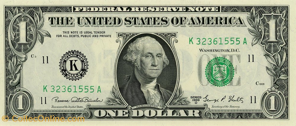 K- 1$ Federal Reserve Notes - Small Size 1969D Series billets amerique du nord etats unis k 1 federal reserve notes small size 1969d series