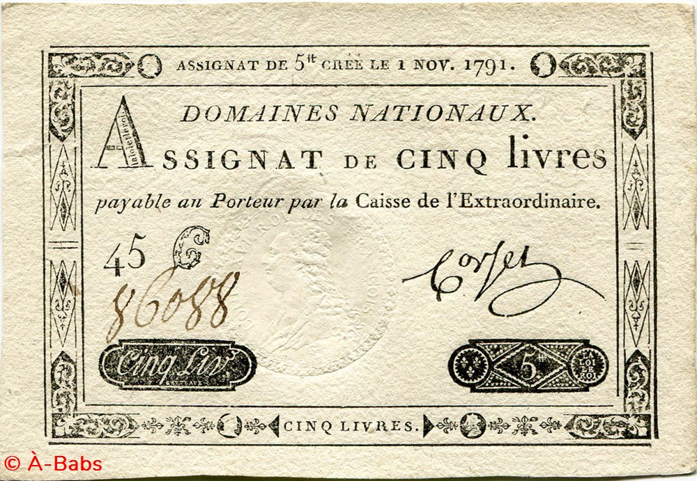 FRANCE - ASSIGNAT DE 5 LIVRES -01/11/1791 billets europe france assignat de 5 livres 01 11 1791
