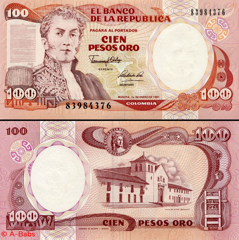 COLOMBIE - PICK 426 e2 - 100 PESOS DE ORO COLOMBIEN - 1991 billets amerique du sud colombie pick 426 e2 100 pesos de oro colombien 1991