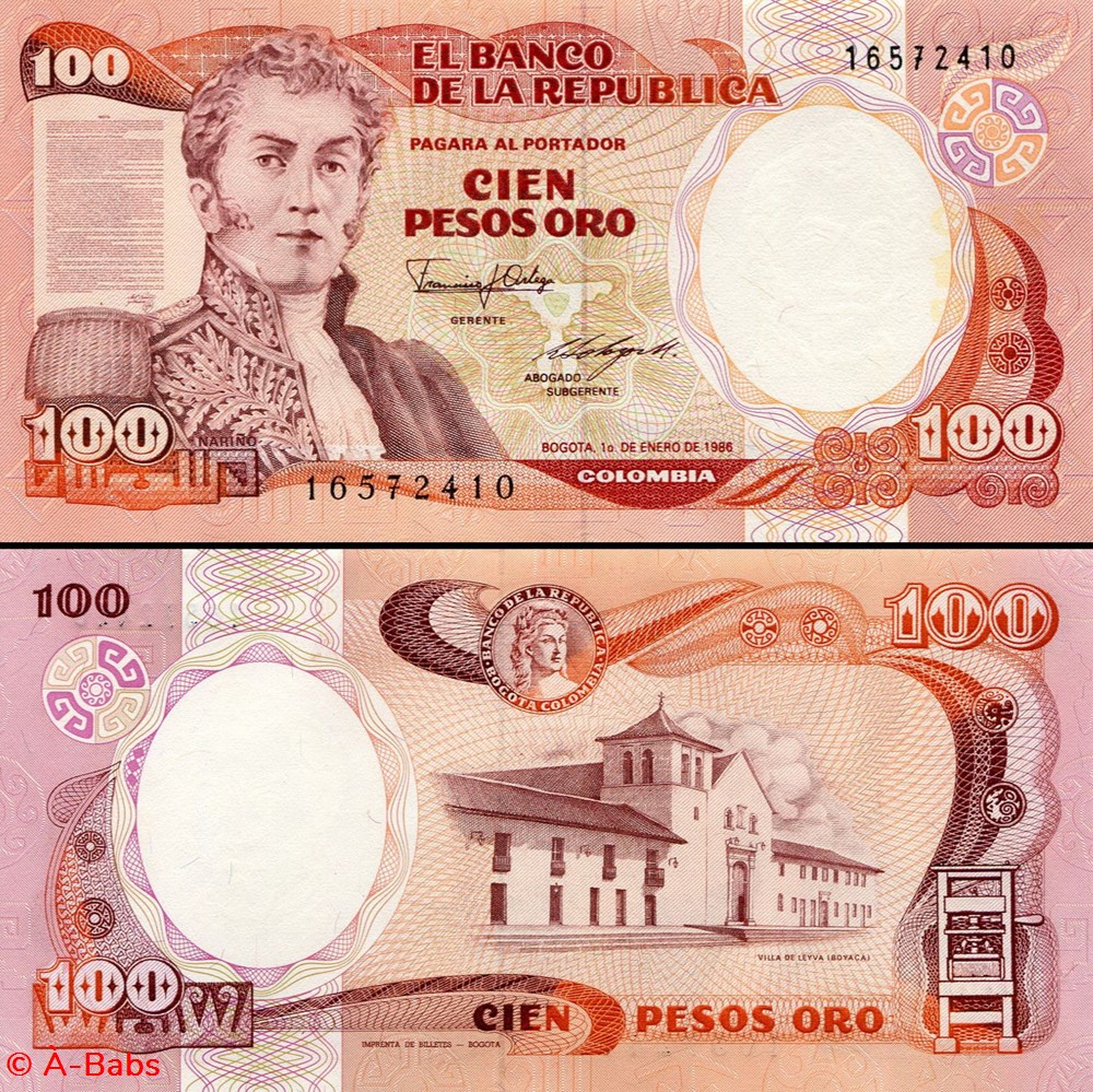 COLOMBIE - PICK 426 b2 - 100 PESOS DE ORO COLOMBIEN - 1986 billets amerique du sud colombie pick 426 b2 100 pesos de oro colombien 1986