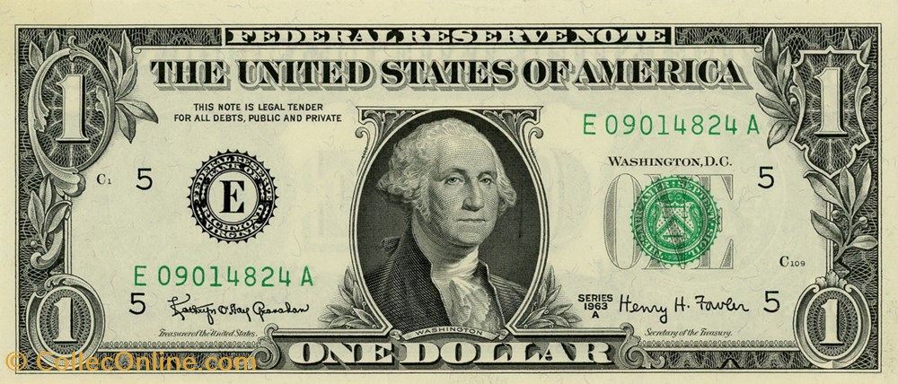 E- 1$ Federal Reserve Notes - Small Size 1963A Series billets amerique du nord etats unis e 1 federal reserve notes small size 1963a series