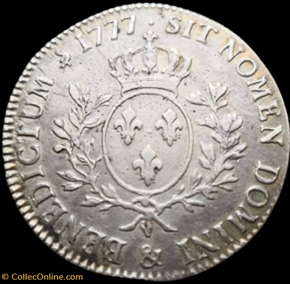 Louis XVI, Roi de FR et de Nav, écu aux branches d'Olivier. monnaies france royales louis xvi roi de fr et de nav ecu aux branches olivier
