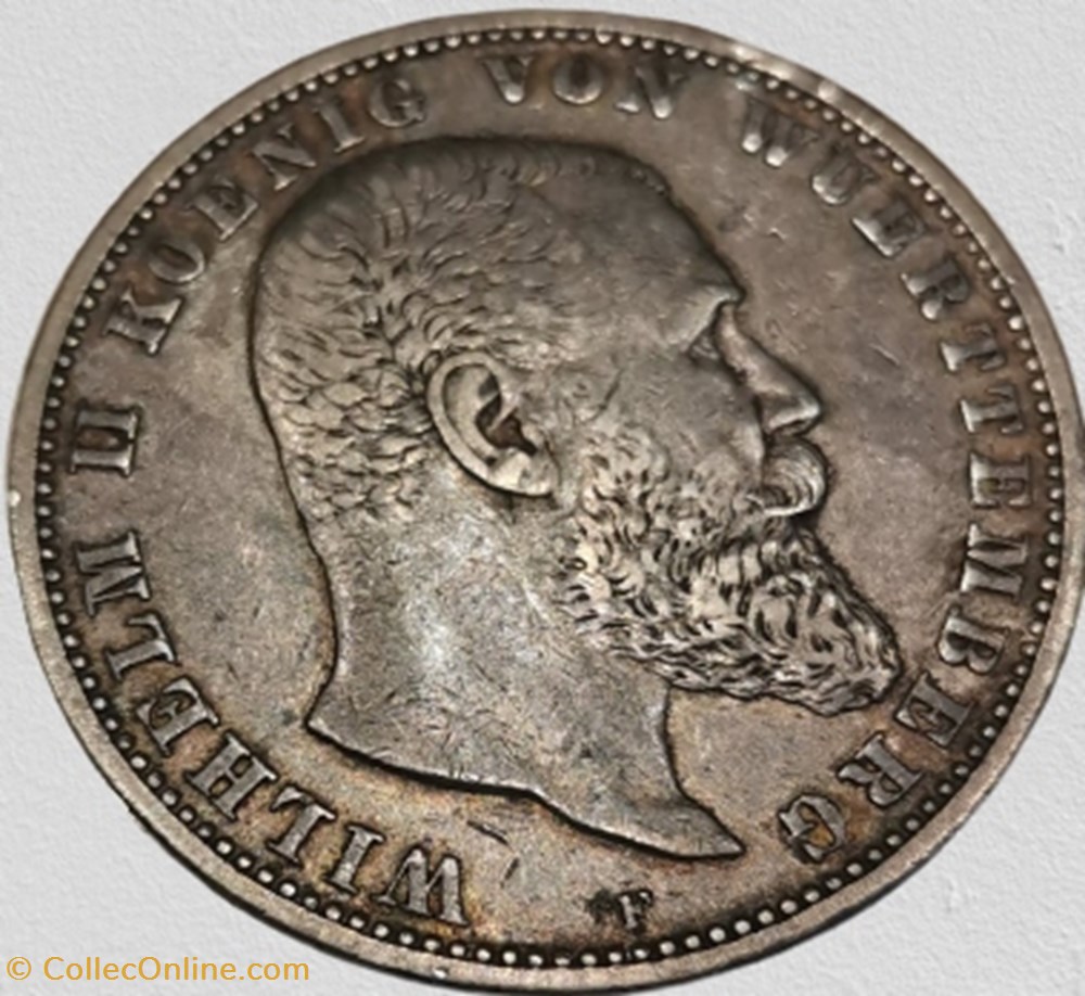 Wilhelm II, Roi du Wuertemberg, Funf Mark. monnaies monde allemagne wilhelm ii roi du wuertemberg funf mark