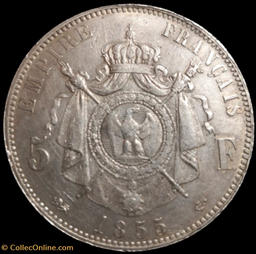 Napoléon III, Empereur, Tête nue , Empire Français, 5 Francs. monnaies france modernes napoleon iii empereur tete nue empire francais 5 francs