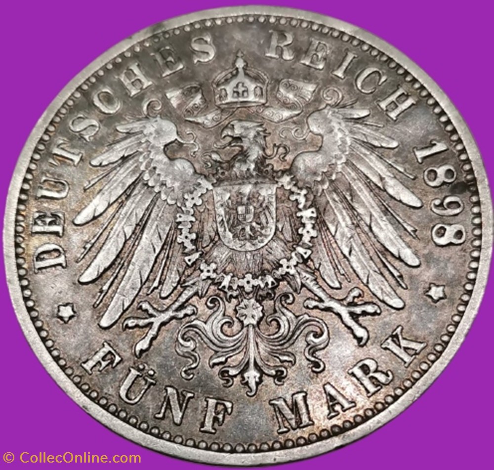 Friedrich, Grand-Duc de Bade,Funf Mark. monnaies monde allemagne friedrich grand duc de bade funf mark
