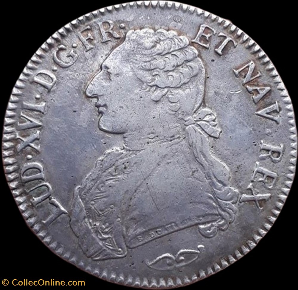 Louis XVI, Roi de FR et de Nav, écu aux branches d'Olivier. monnaies france royales louis xvi roi de fr et de nav ecu aux branches olivier