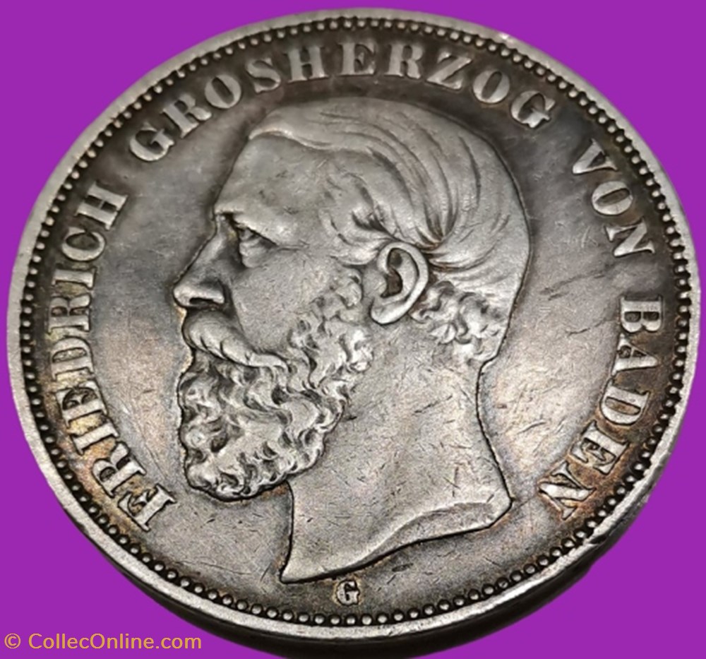 Friedrich, Grand-Duc de Bade,Funf Mark. monnaies monde allemagne friedrich grand duc de bade funf mark