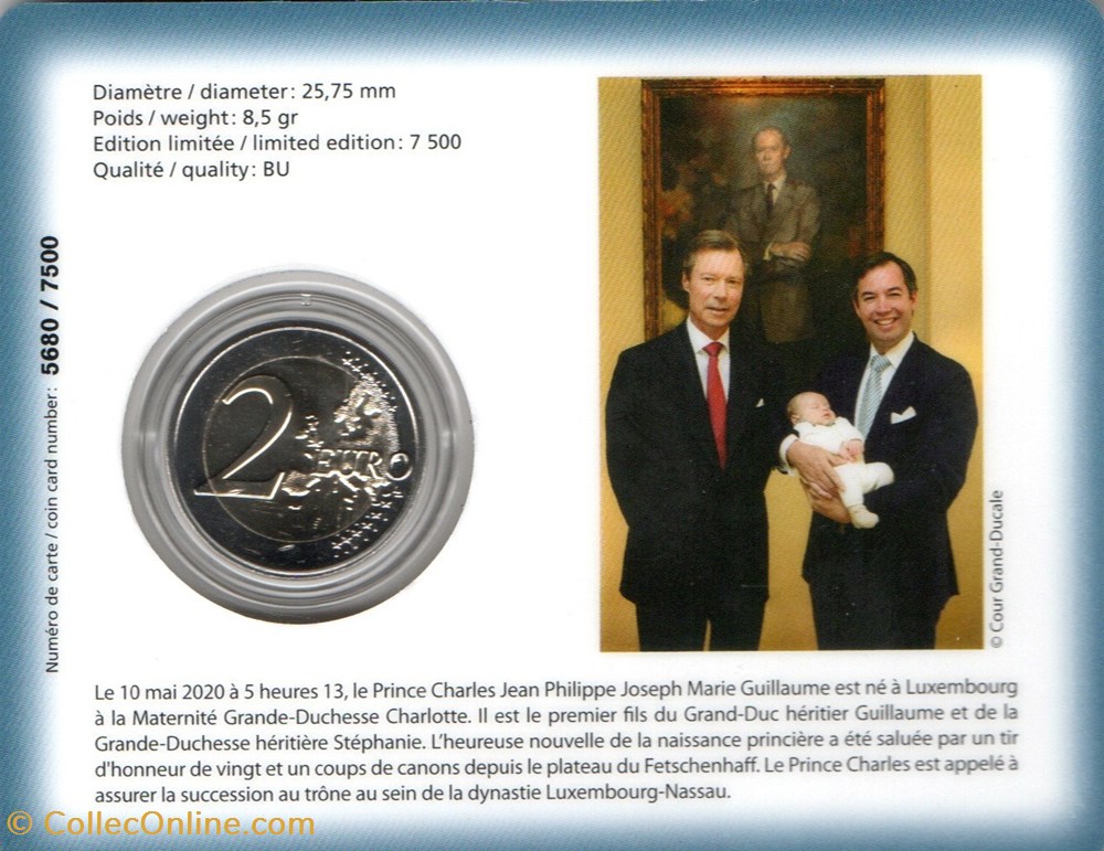 2020 : Coin cade Naissance Prince Charles 10 Mai 2020 3 monnaie euro luxembourg 2020 coin cade naissance prince charles 10 mai 2020