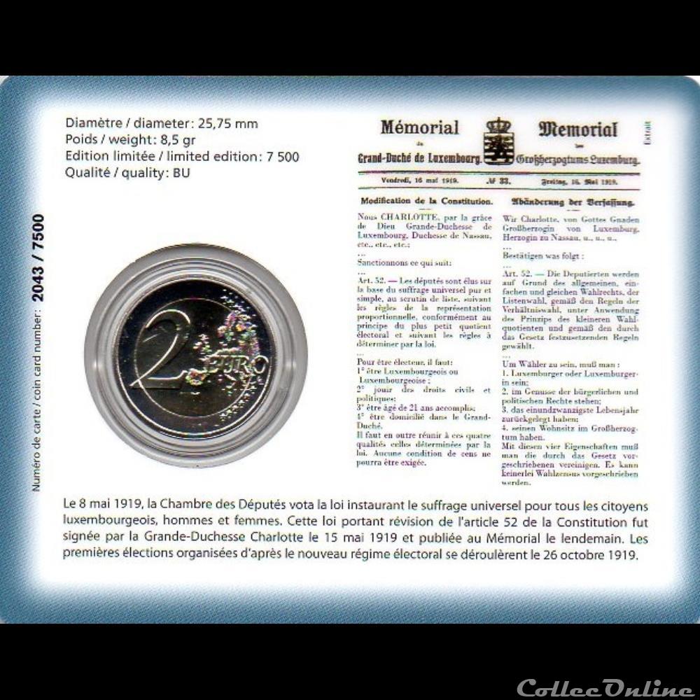 2019 : Coin cade Centenaire du suffrage universel 3 monnaie euro luxembourg 2019 coin cade centenaire du suffrage universel