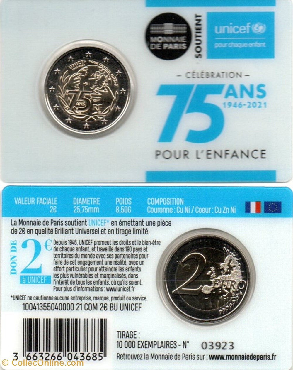 2021 : 75 ans pour l'enfance UNICEF 2 monnaies euros france 2021 75 ans pour enfance unicef