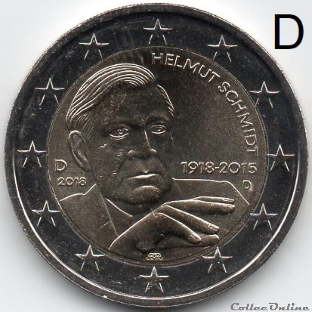 2018 : Helmut Schmidt 2 monnaie euro a allemagne 2018 helmut schmidt