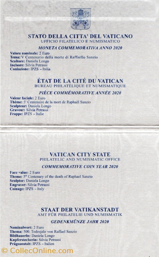 2020 : 500 ans décès de Raffaello BU 3 monnaie euro vatican 2020 500 ans deces de raffaello bu
