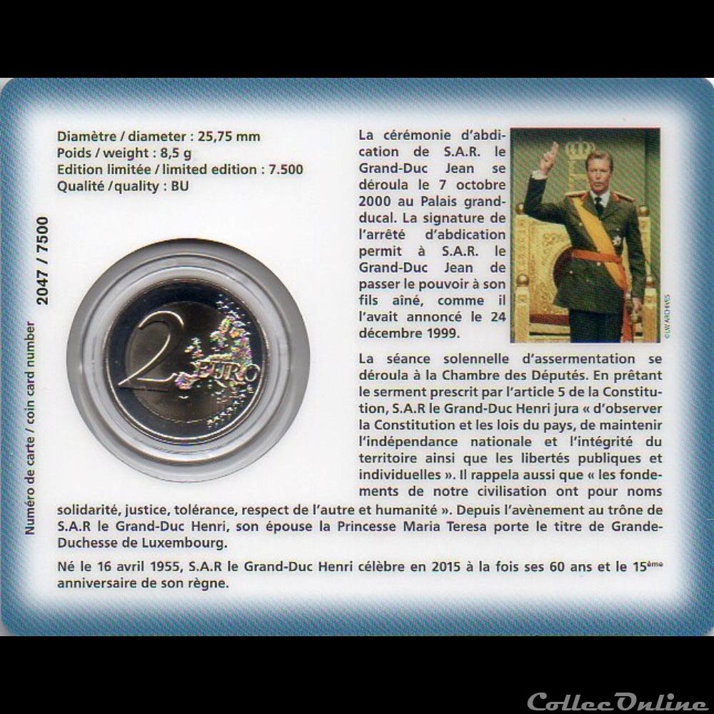 2015 : Coin card 15ème Anniversaire de l'accession au trone du GD Henri monnaie euro luxembourg 2015 coin card 15eme anniversaire de accession au trone du gd henri