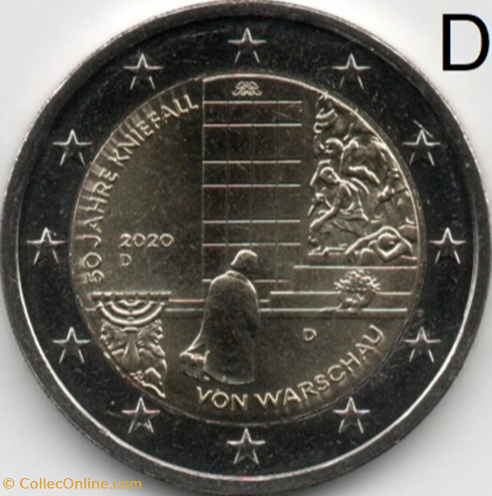 2020 : 50ème anniversaire de la génuflexion de Varsovie 2 monnaie euro allemagne 2020 50eme anniversaire de la genuflexion de varsovie