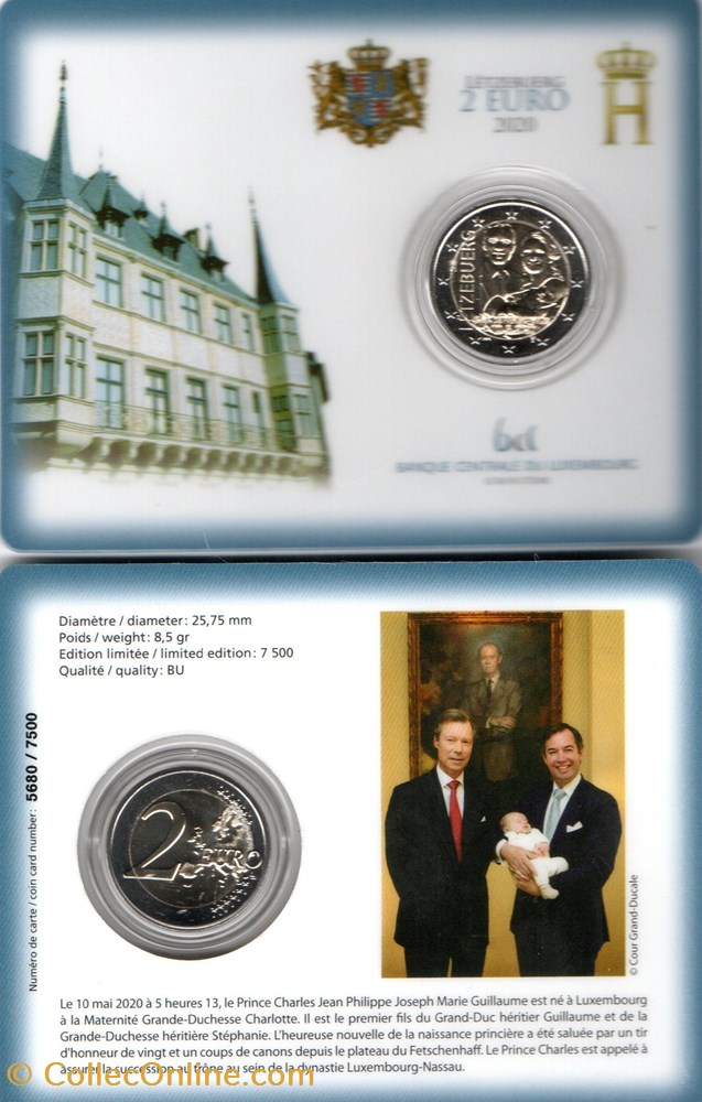 2020 : Coin cade Naissance Prince Charles 10 Mai 2020 2 monnaie euro luxembourg 2020 coin cade naissance prince charles 10 mai 2020