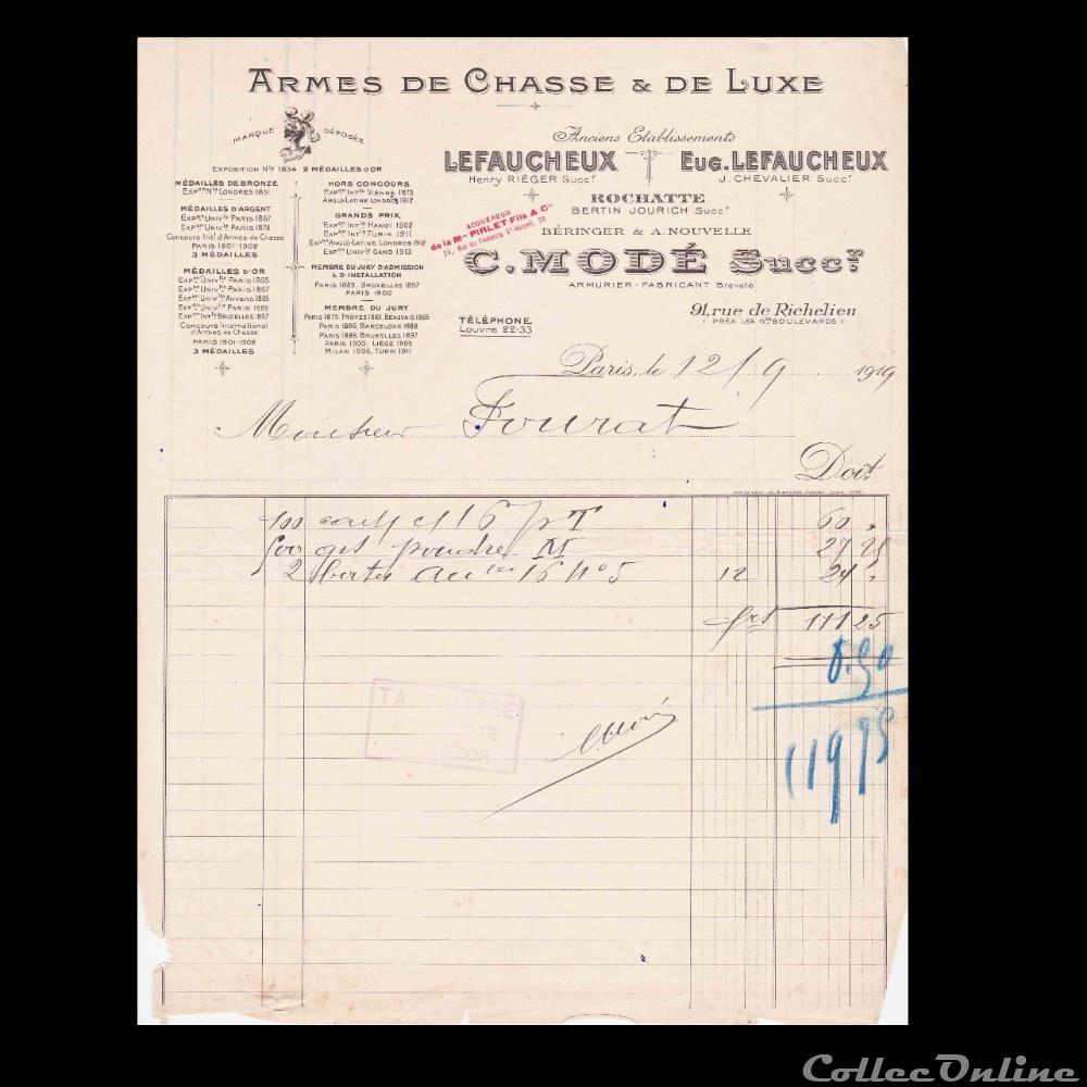 La Maison Modé , successeur de Lefaucheux et de Joseph Chevalier vieux papier facture document commerciaux fusil la maison mode successeur de lefaucheux et de joseph chevalier