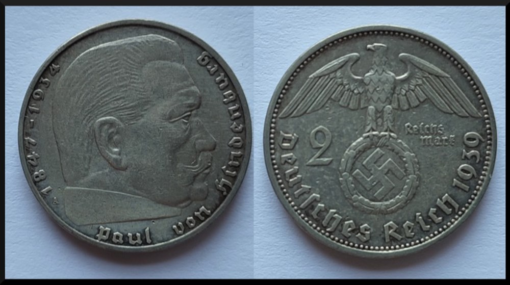 2 Reichsmark Allemagne swastika 1939 monnaies monde 2 reichsmark allemagne swastika 1939
