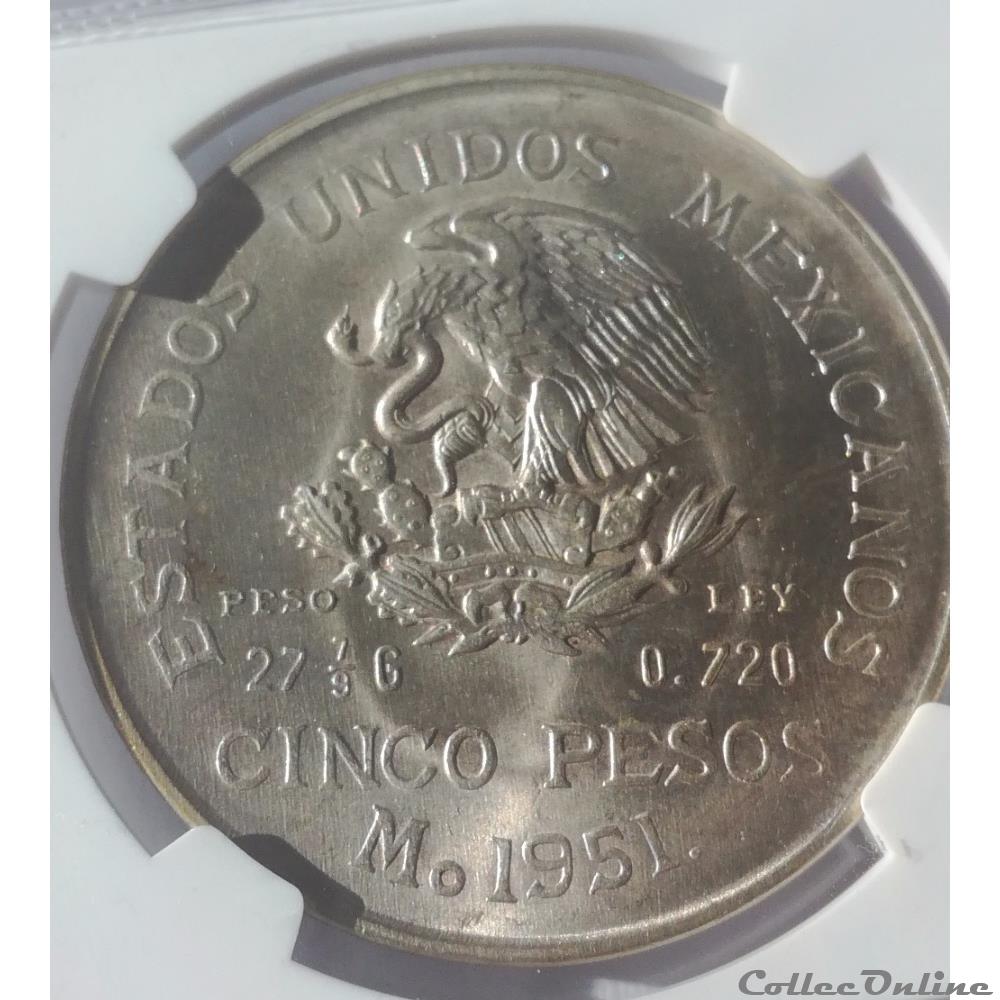 5 Pesos 1951 Hidalgo Mo NGC MS 64 2 monnaies monde mexique 5 pesos 1951 hidalgo mo ngc ms 64
