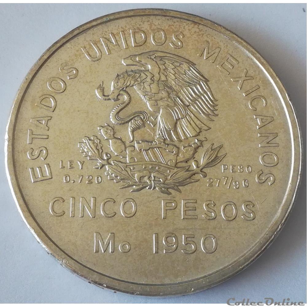 monnaie monde mexique 5 pesos 1950 inauguration du chemin de fer du sud est