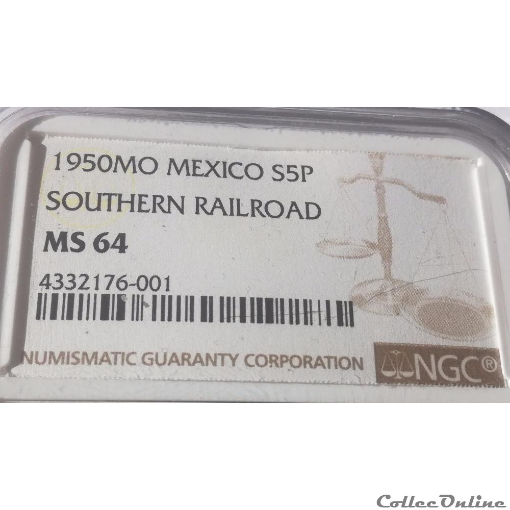 5 Pesos 1950 Southern Railroad Commemoration NGC MS64 3 monnaies monde mexique 5 pesos 1950 southern railroad commemoration ngc ms64