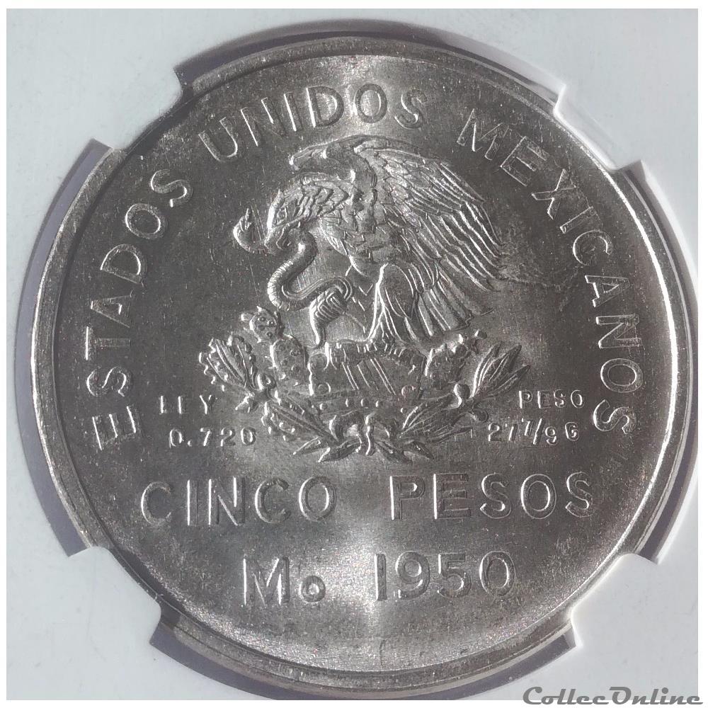 5 Pesos 1950 Southern Railroad Commemoration NGC MS64 2 monnaies monde mexique 5 pesos 1950 southern railroad commemoration ngc ms64