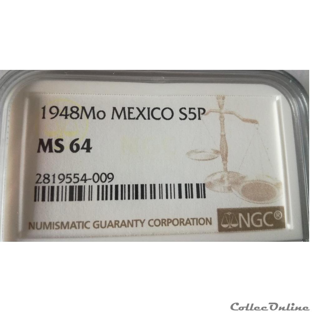 5 Pesos 1948 Mo/ NGC MS64 3 monnaies monde mexique 5 pesos 1948 mo ngc ms64