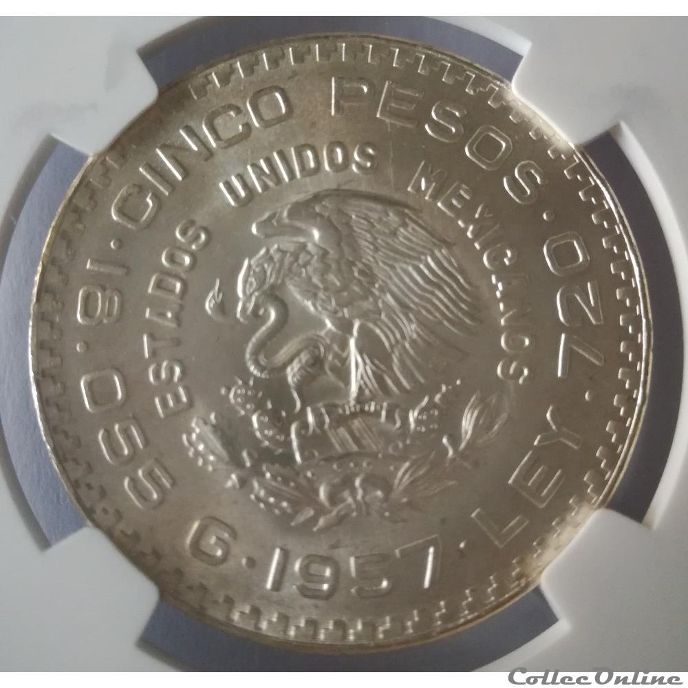 5 PESOS 1957 CENTENARIO CONSTITUTION NGC MS64 2 monnaies monde mexique 5 pesos 1957 centenario constitution ngc ms64