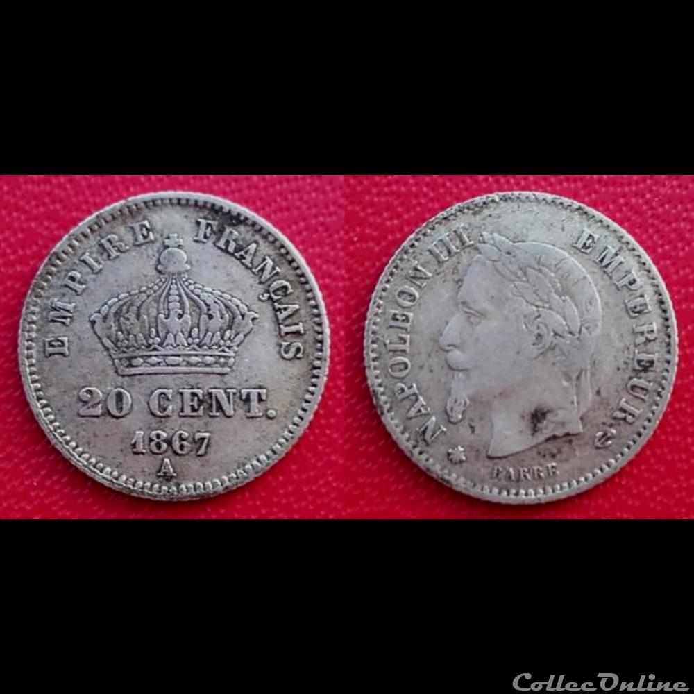 monnaie france moderne 20 cts napoleon iii tete lauree grand module 1867 a