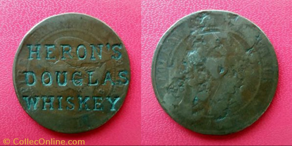 10 Cts Napoléon III contremarquée "HERON'S DOUGLAS WHISKEY" monnaie france moderne 10 cts napoleon iii contremarquee heros douglas whiskey