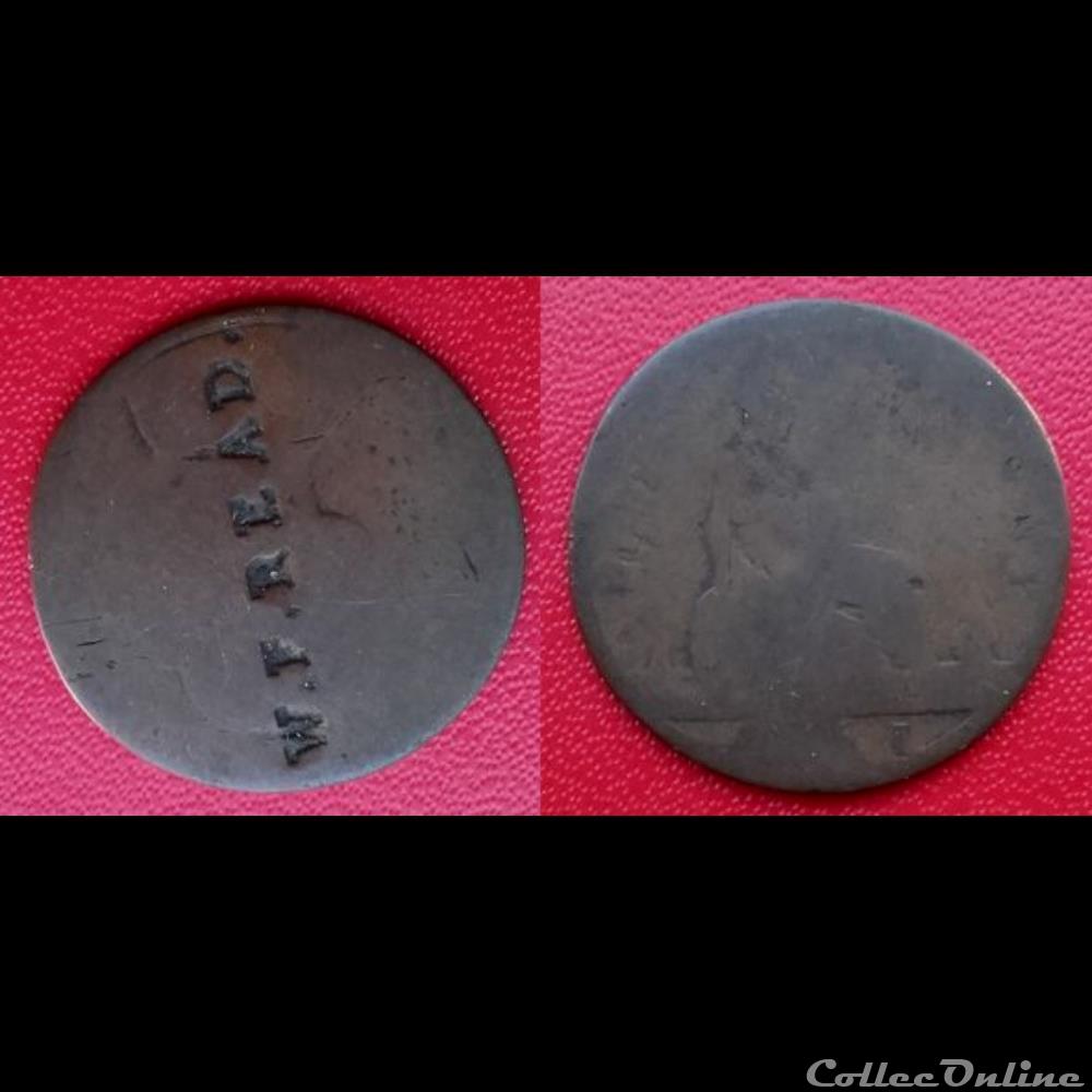 Half Penny Victoria de 1861 contremarqué "W.F.READ." monnaie france moderne half penny victoria de 1861 contremarque w f read