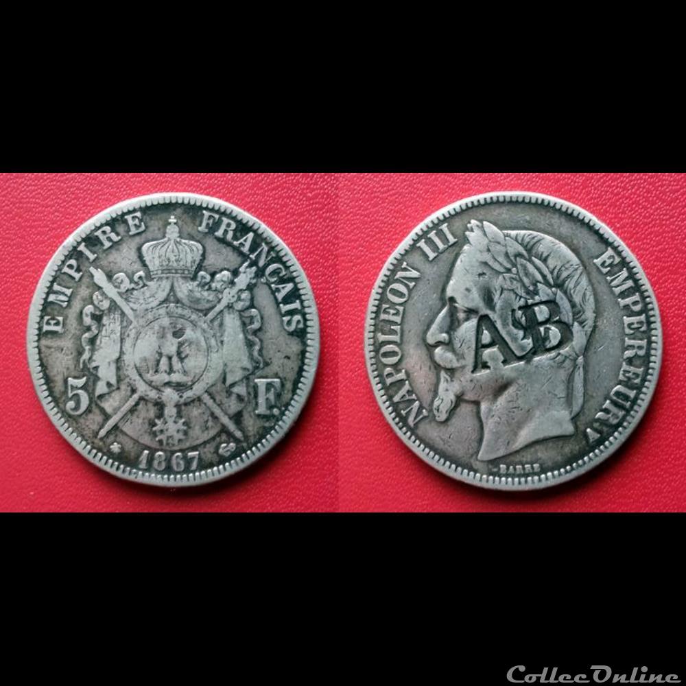 5 Francs Napoléon III contremarquée "AB" monnaie 5 francs napoleon iii contremarquee ab