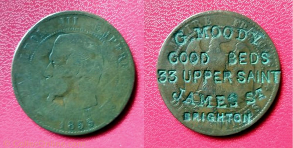 10 Cts Napoléon III "G.MOODY GOOD BEDS 33 UPPER SAINT JAMES St BRIGHTON" monnaie france moderne 10 cts napoleon iii g moody good beds 33 upper saint james st brighton