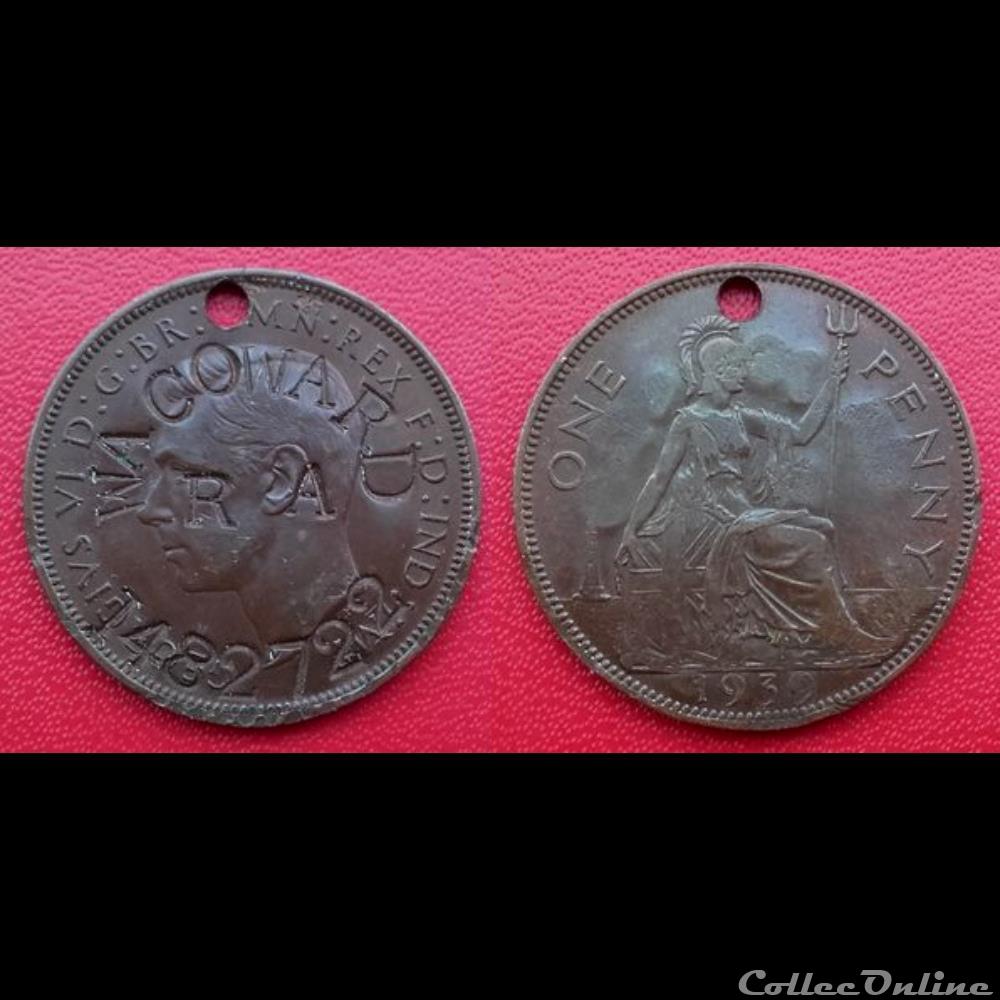 monnaie france moderne 1 penny britannique george vi 1939 transforme en plaque militaire