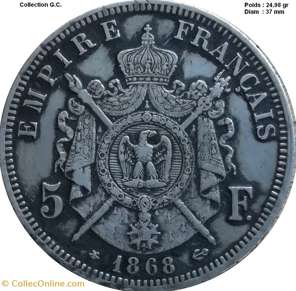 monnaies monde france 5 francs napoleon iii tete lauree 1868 bb strasbourg
